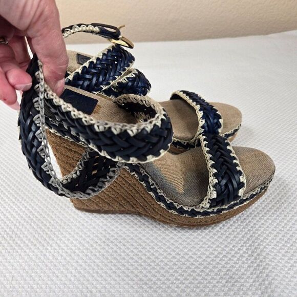 Tory Burch Lilah Wedge Espadrille Sandals Size 37.5 Us 7 Blue White - Picture 8 of 9